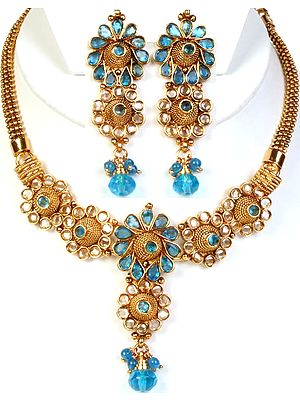 Azure-Blue Polki Necklace and Earrings Set with Cut Glass