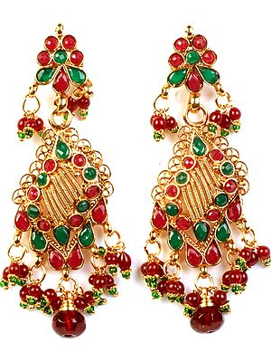 Polki Post Earrings with Faux Ruby and Emeralds