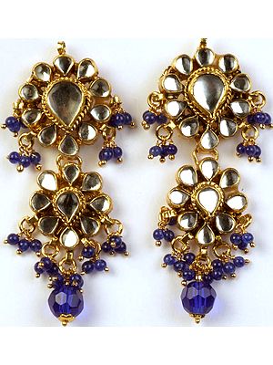 Kundan Earrings with Royal-Blue Beads