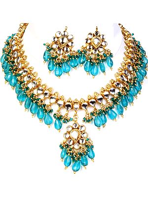 Kundan Necklace Set with Sea-Green Glass Beads