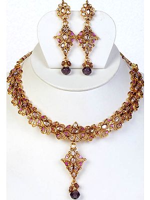 Violet Polki Necklace and Earrings Set with Cut Glass