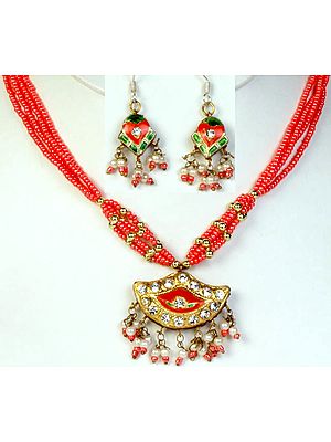 Orange Meenakari Necklace and Earrings Set with Mughal Design