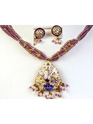 Lavender Meenakari Necklace and Earrings Set with Peacock