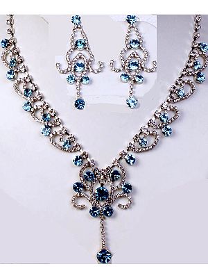 Sky-Blue Victorian Necklace and Earrings Set with Cut Glass