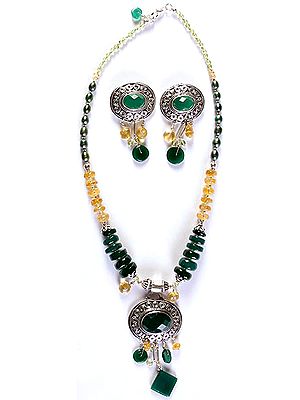 Gemstone Fine Necklace with Charms and Matching Earrings Set (Green Onyx, Citrine, Pearl and Peridot)