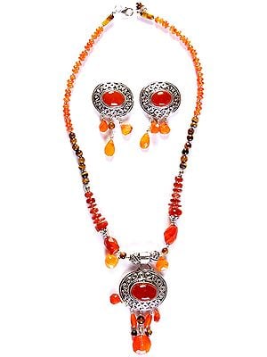 Carnelian Necklace with Tiger Eye and Matching Earrings Set