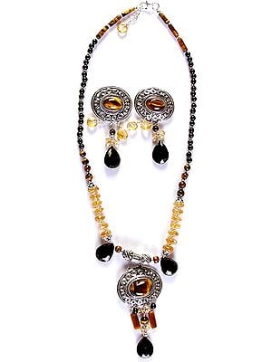 Gemstone Fine Necklace with Charms and Earrings Set (Tiger Eye, Black Onyx and Citrine)