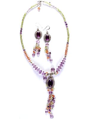 Gemstone Fine Necklace with Shower and Earrings Set (Peridot, Amethyst, Carnelian)