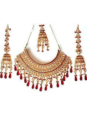 Golden Bridal Choker, Tika and Earrings Set with Cut Glass