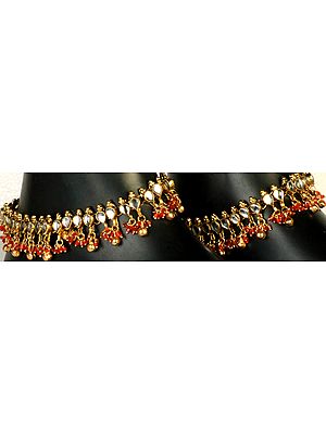 Kundan Anklet Pair with Orange Beads