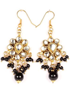 Kundan Earrings with Dangling Black Beads