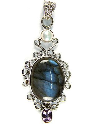 Labradorite Oval Pendant with Amethyst and Pearl)