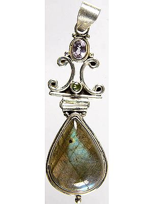 Labradorite Teardrop Pendant with Faceted Amethyst and Peridot