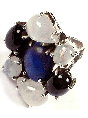 Lapis Lazuli, Black Onyx & Rainbow Moonstone Ring