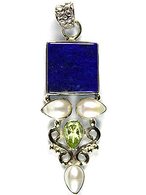 Lapis Lazuli Pendant with Pearl and Faceted Peridot