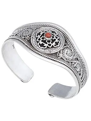 Mandala with Coral Cuff  Bracelet (Adjustable Size)
