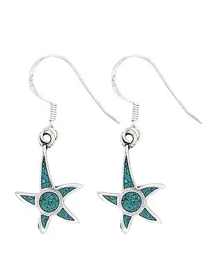 Star Shaped Sterling Silver Earrings Studded with Turquoise Stone