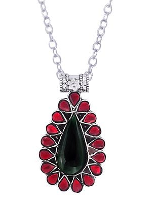 Sterling Silver Pendant with Red and Green Colored Glass