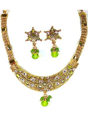 Lime-Green Polki Necklace and Earrings Set with Cut Glass