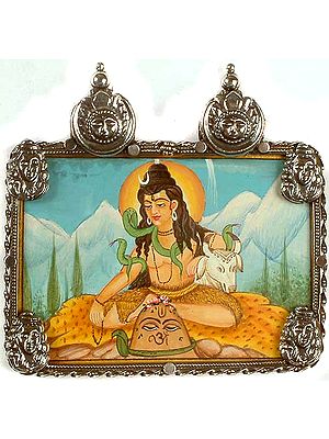 Lord Shiva on the Mount of Kailash with Nandi and Four Sterling Images of Shiva and Twin Surya Atop