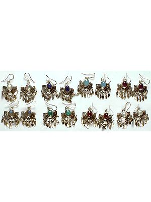 Lot of Eight Gemstone Earrings with Sterling Dangles<br>(Rainbow Moonstone, Lapis Lazuli, Blue Chalcedony, Amethyst, Labradorite, Turquoise, Garnet & Pearl)