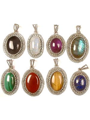 Lot Of Eight Gemstone Oval Pendants<br>(Black Onyx, Rainbow Moonstone, Amethyst, Labradorite, Malachite, Carnelian, Tiger Eye & Lapis Lazuli)
