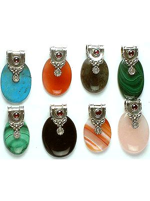 Lot of Eight Oval Gemstone Pendants with Garnet<br>(Turquoise, Carnelian, Labradorite, Malachite, Malachite, Black Onyx, Carnelian & Rose Quartz)