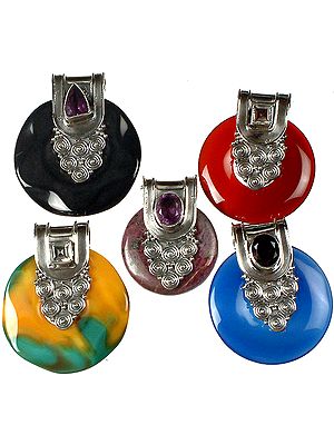 Lot of Five Donut Pendants (Black Onyx, Carnelian, Ruby Zoisite, Twin Onyx and Blue Chalcedony)
