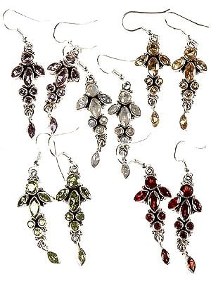 Lot of Five Faceted Gemstone Earrings (Amethyst, Citrine, Rainbow Moonstone, Peridot and Garnet)
