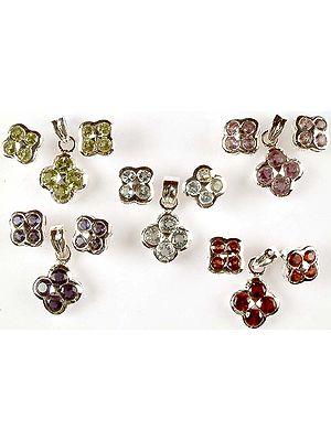 Lot of Five Faceted Gemstone Pendants & Earrings Sets<br>(Peridot, Amethyst, Blue Topaz, Iolite & Garnet)