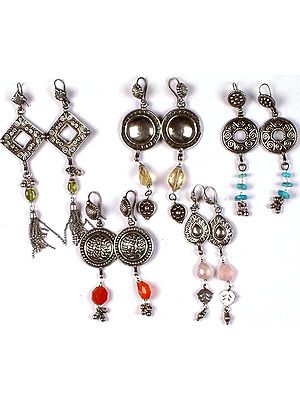 Lot of Five Gemstone Antiquated Earrings from Rajasthan