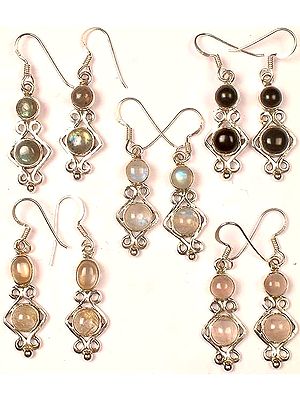 Lot Of Five Gemstone Earrings<br>(Labradorite, Black Onyx, Rainbow Moonstone, Tourmalinated Quartz, and Rose Quartz)