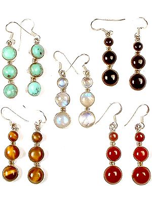 Lot of Five Gemstone Earrings<br>(Turquoise, Black onyx, Rainbow Moonstone, Tiger Eye & Carnelian)
