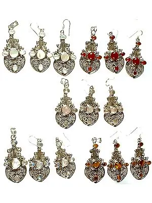 Lot of Five Gemstone Pendants with Earrings Set (Shell, Carnelian, Rose Quartz, Rainbow Moonstone and Tiger Eye)