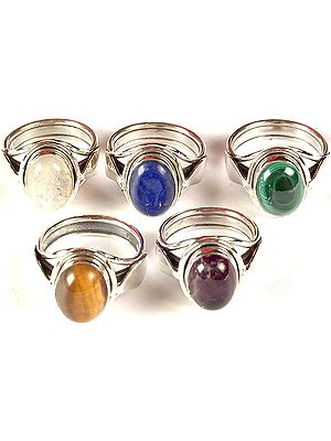 Lot of Five Gemstone Rings (Rainbow Moonstone, Lapis Lazuli, Malachite, Tiger Eye and Amethyst)