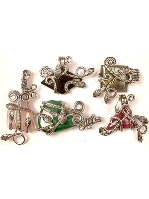 Lot Of Five Gemstone Serpent Pendants<br>(Black Onyx, Labradorite, Rose Quartz, Malachite, and Ruby Zoisite)