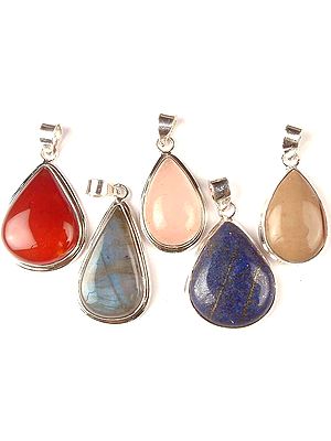 Lot of Five Gemstone Tear Drops<br>(Carnelian, Rose Quartz, Agate, Labradorite & Lapis Lazuli)
