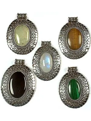 Lot of Five Oval Gemstone Pendants with Spirals<br>(Prehnite, Tiger Eye, Rainbow Moonstone, Black Onyx & Malachite)