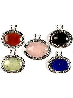 Lot Of Five Oval Gemstone Pendants<br>(Carnelian, Amethyst, Rose Quartz, Prehnite, & Lapis Lazuli)