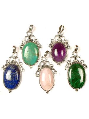 Lot Of Five Oval Gemstone Pendants<br>(Turquoise, Amethyst, Lapis Lazuli, Rose Quartz, and Malachite)