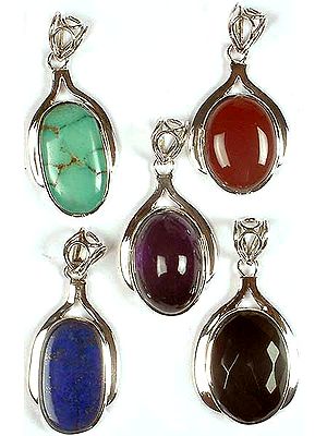 Lot of Five Oval Gemstone Pendants<br>(Turquoise, Carnelian, Amethyst, Lapis Lazuli & Faceted Black Onyx)