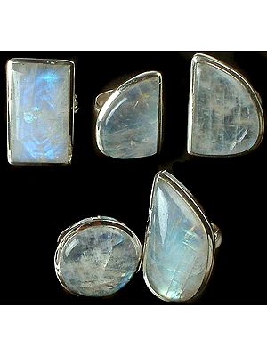 Lot of Five Rainbow Moonstone Rings