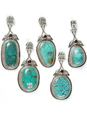 Lot of Five Spider's Web Turquoise Pendants with Garnet and Sterling Leaves