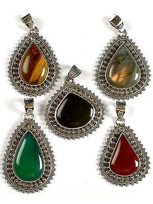 Lot of Five Tear Drop Gemstone Pendants<br>(Tiger Eye, Labradorite, Black Onyx, Green Onyx & Carnelian)