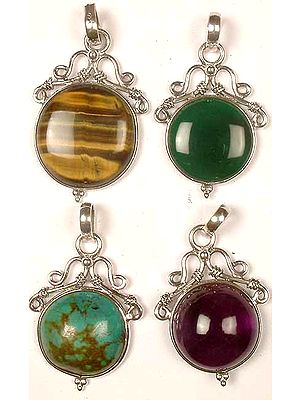 Lot Of Four Gemstone Circular Pendants<br>(Tiger Eye, Green Onyx, Turquoise & Amethyst)