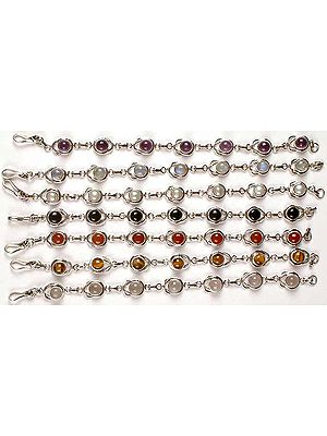 Lot of Seven Gemstone Bracelets<br>(Amethyst, Rainbow Moonstone, Pearl, Black Onyx, Carnelian, Tiger Eye & Rose Quartz)