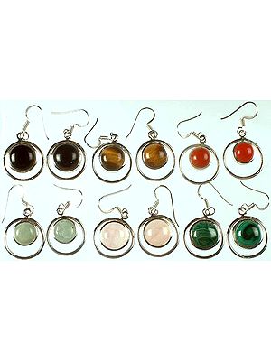 Lot of Six Gemstone Earrings (Black Onyx, Tiger Eye, Carnelian, Prehnite, Rose Quartz and Malachite)