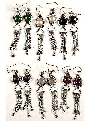 Lot of Six Gemstone Earrings with Sterling Showers<br>(Malachite, Pearl, Black Onyx, Lapis Lazuli, Rainbow Moonstone & Amethyst)