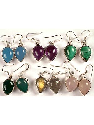 Lot of Six Inverted Tear Drop Gemstone Earrings<br>(Blue Chalcedony, Amethyst, Malachite, Green Onyx, Labradorite & Rose Quartz)