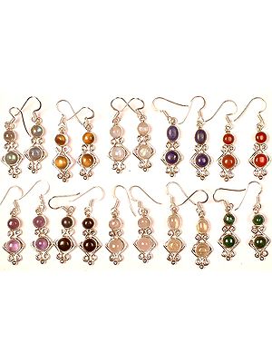 Lot Of Ten Gemstone Earrings<br>(Labradorite, Tiger Eye, Rainbow Moonstone, Lapis Lazuli, Carnelian, Amethyst, Black Onyx, Rose Quartz, Tourmalinated Quartz and Malachite)